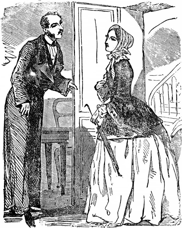 Young woman demands to see the master of the house, servant opens the door with a critical look, furniture, umbrella, hat, long skirt, jacket, staircase, interior, satire, historical illustration 1858