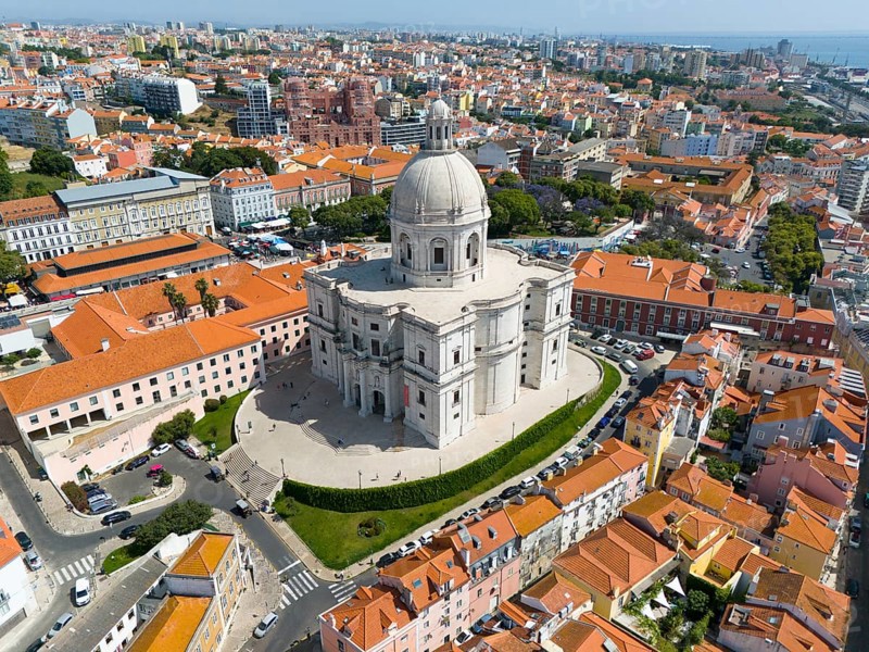 City view from above with central dominated dome-shaped structure surrounded by dense buildings, buildings, a bridge and green trees, aerial view, Igreja de Santa Engrácia, Panteão Nacional, Santa Engracia, National Pantheon, Lisbon, Lisboa, Portugal, Europe