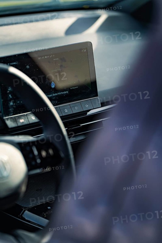 Detailed view of a modern car interior with steering wheel and display on the dashboard, e-car sharing, Deer Mobility, MG4, Calw, Germany, Europe