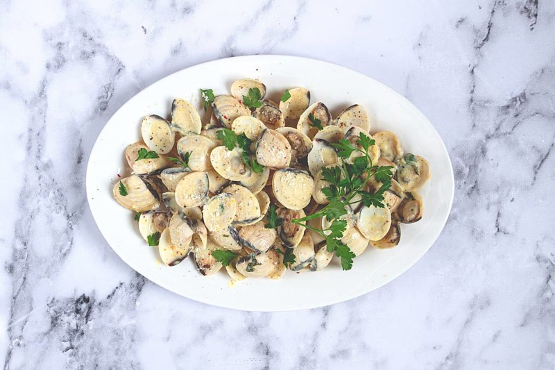 Vongole clams, in cream sauce, on a white plate, homemade, top view, no people