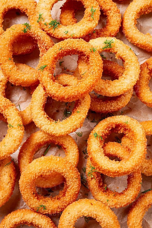 Deep fried onion rings, appetizer, close-up, top view, full frame, no people, favorite dish
