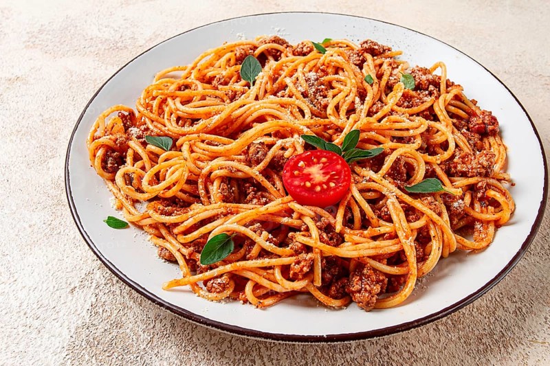 Spaghetti Bolognese, top view, close-up, no people, homemade