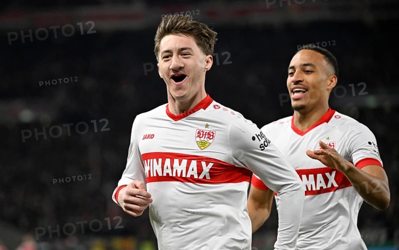 Goal celebration Angelo Stiller VfB Stuttgart (06) Jamie Leweling VfB Stuttgart (18) Semi-final, DFB Cup, MHPArena, MHP Arena Stuttgart, Baden-Württemberg, Germany, Europe