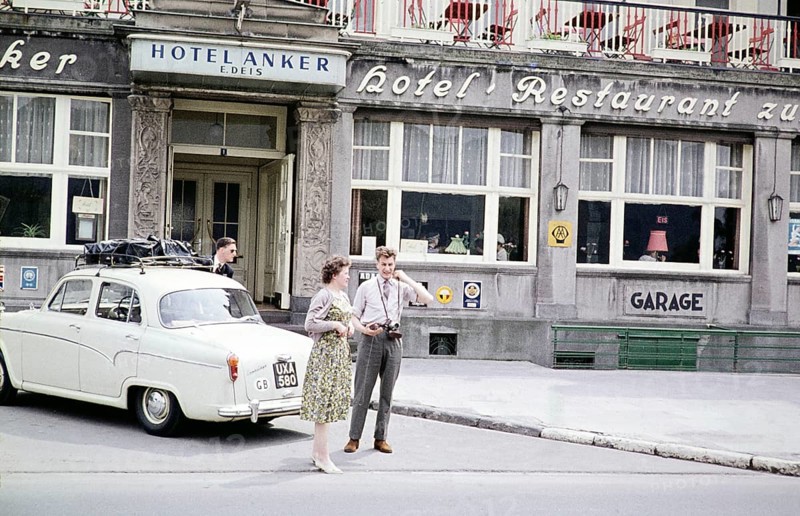 Hotel Anker, Andernach, Mayen Koblenz, Rhineland Palatinate, Germany, Europe 1961 Austin Cambridge A55 car with British GB licence plates, Europe