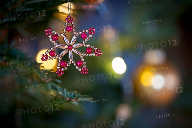 Interior shot, close-up, poinsettia star, made of beads, Christmas tree ball, hanging on Christmas tree, Christmas, Stuttgart, Baden-Württemberg, Germany, Europe