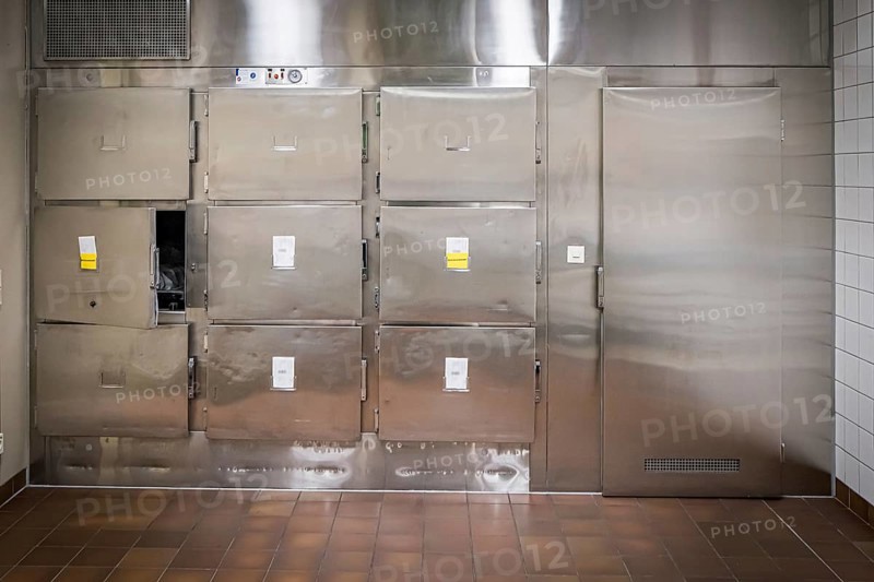 Hospital, morgue, pathology, cold room with metal doors and sterile-looking surroundings, tiled walls and floor, Germany, Europe
