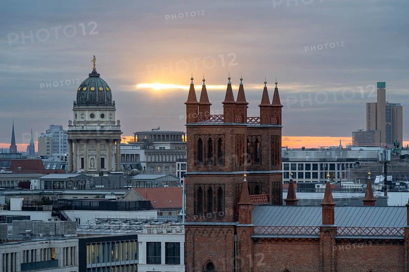 City view, Friedrichswerder Church, behind German Cathedral, view from the roof terrace of the Humboldt Forum, Mitte, Berlin, Germany, Europe
