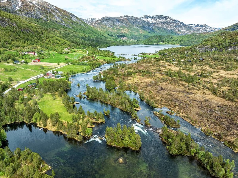 Gaularfjell mountain crossing following river Gaula and chain of lakes, early spring, aerial view, national tourist route north of Balestrand, Norway, Europe