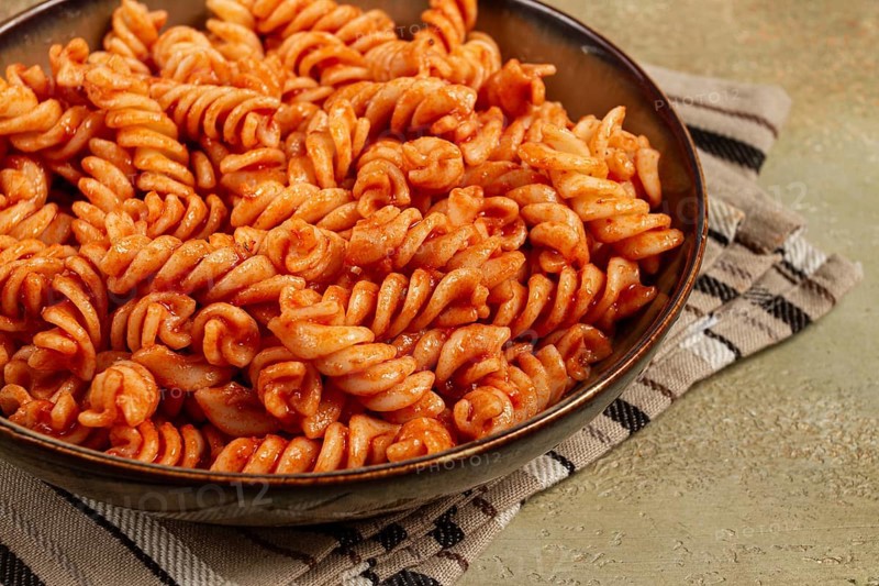 Fusilli pasta dish, made with tomato sauce, homemade, no people
