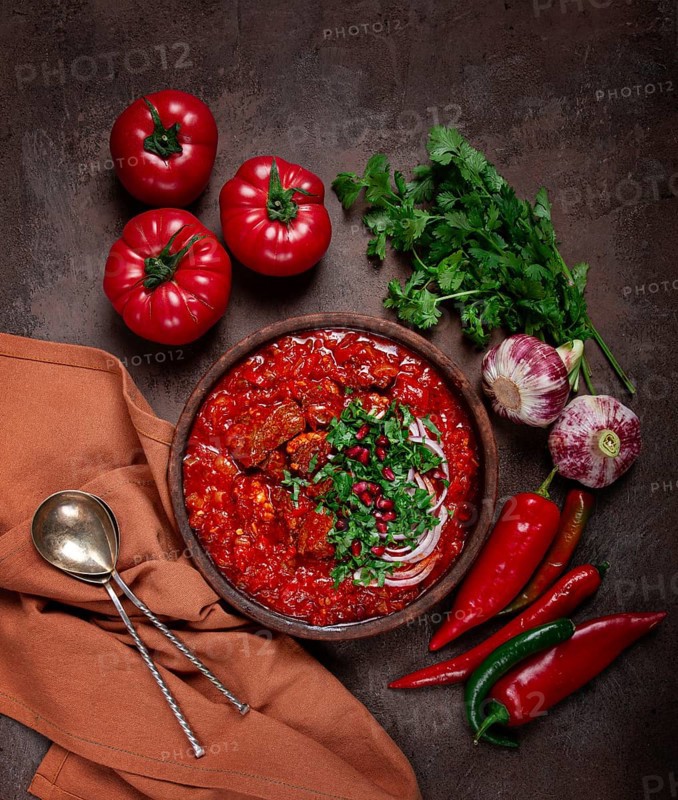 Chashushuli, a traditional Georgian dish, spicy, stewed meat with tomatoes and spices, homemade, no people