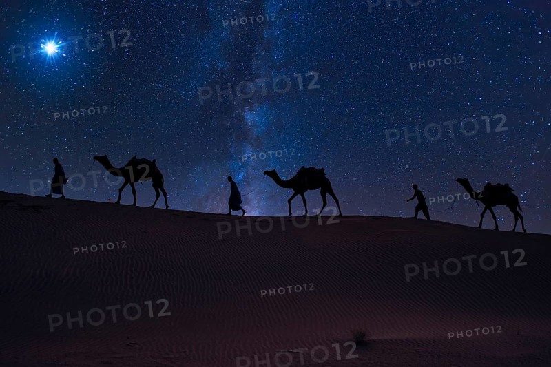 Christmas Jesus birth concept - Adoration of the Magi, Three Wise Men, Three Kings, and the Three biblical Magi with camel silhouettes journeying in sand dunes of desert follow Bethlehem star at night