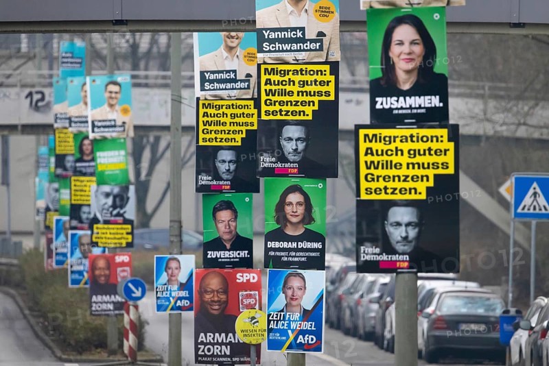 Election posters of the established parties CDU, AfD, Bündnis 90, Die Grünen, SPD and FDP hang on several lampposts in the north-west of Frankfurt. The early federal election will take place in Germany on 23 February 2025, Nordweststadt, Frankfurt am Main, Hesse, Germany, Europe