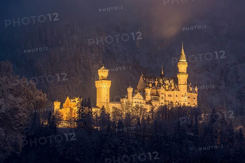 An enchantingly illuminated castle towers over a snow-covered mountain forest, Neuschwanstein, Schwangau, Ostallgäu, Allgäu, Swabia, Upper Bavaria, Bavaria, Germany, Europe
