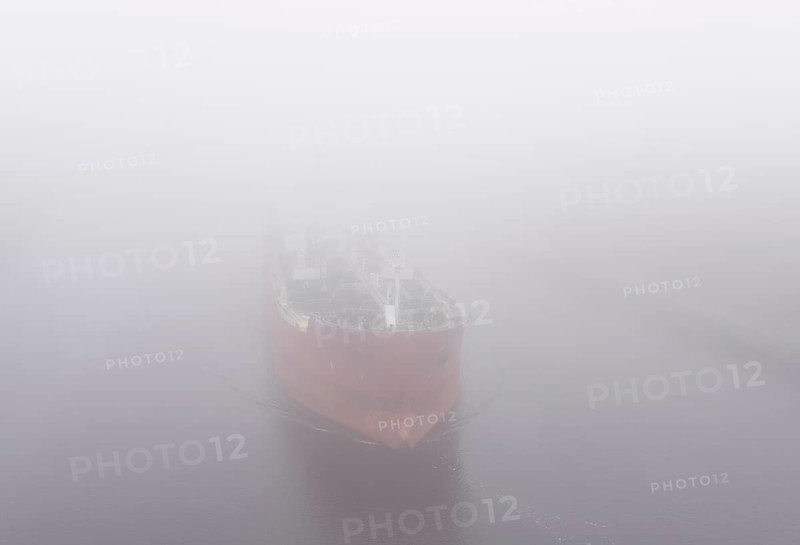 Tanker JAZZ sailing in fog in the Kiel Canal, Kiel Canal, NOK, Schleswig-Holstein, Germany, Europe