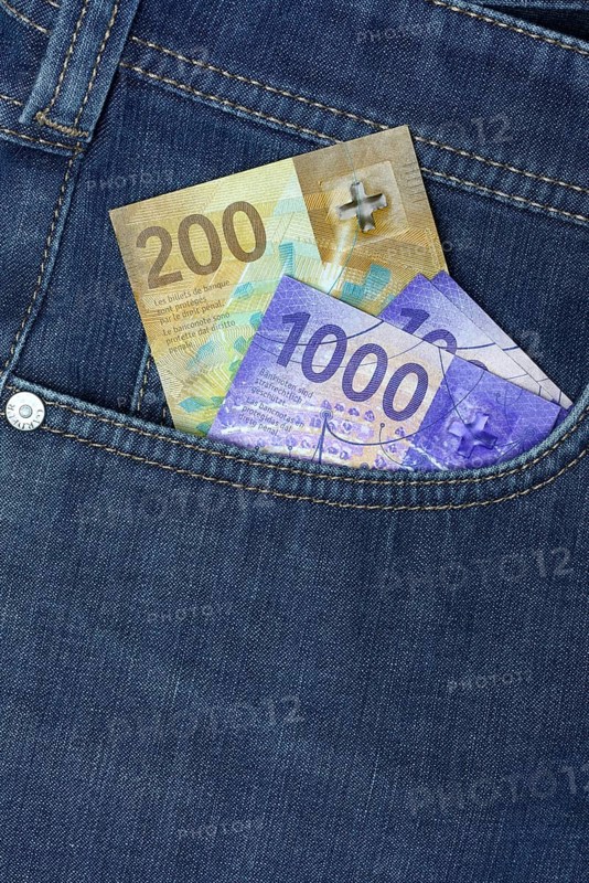 Banknotes in trouser pocket, Swiss franc, Switzerland, Europe