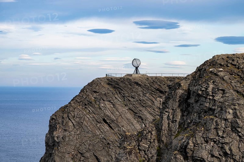 North Cape cliff with steel globe, Nordkapp, Finnmark, Norway, Europe