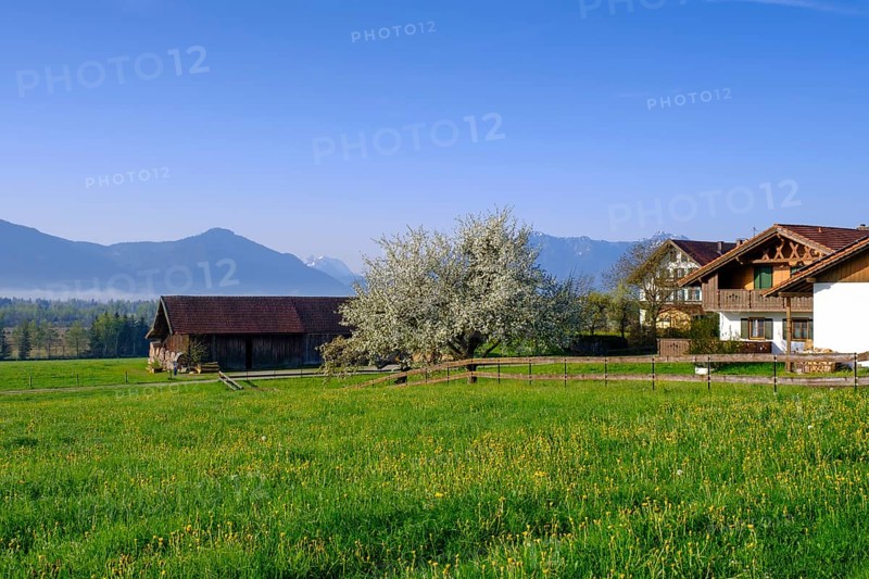 Edenkofen with Benediktbeurer Moor and Alpine chain, Penzberg, Upper Bavaria, Bavaria, Germany, Europe
