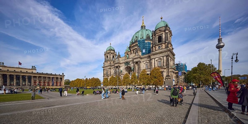 Altes Museum, Berlin Cathedral and television tower blue sky with cumulus and cirrostratus clouds, Berlin, capital city, independent city, federal state Berlin, Germany, Europe