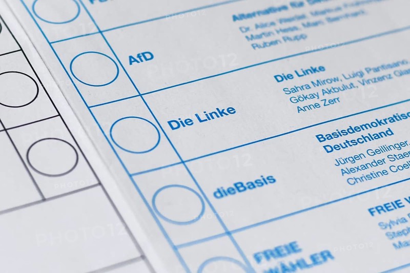 Germany - February 2025: Close up of political party die Linke on ballot paper for German federal parliament election called 'Bundestagswahl'