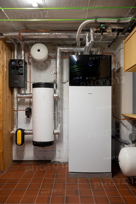 Newly installed air source heat pump in a basement, heating, Kamen, North Rhine-Westphalia, Germany, Europe