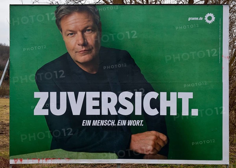 Large poster for the 2025 federal election by the Greens with Robert Habeck and the word Zuversicht, Witten, Ruhr area, Germany, Europe