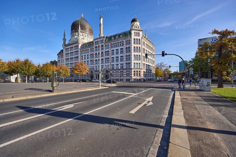 Yenidze tobacco factory, oriental buildings, historical factory, traffic light crossing Magdeburger Straße with Weißeritzstraße, Dresden, state capital, independent city, Saxony, Germany, Europe