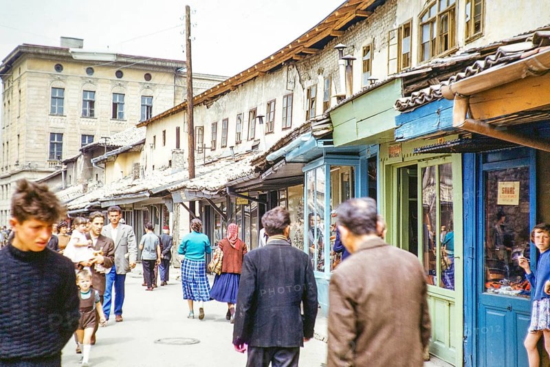 People walking along street of small shops, Sarajevo, Bosnia and Herzegovina, former Yugoslavia, Europe 1960, Europe
