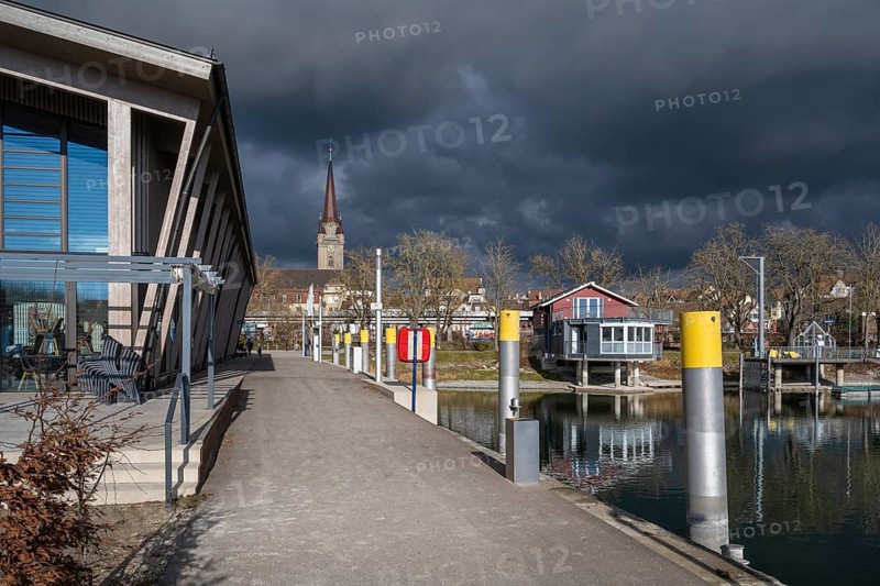 The harbour pier and the marina of Radolfzell on Lake Constance, behind it the cathedral tower, district of Constance, Baden-Württemberg, Germany, Europe