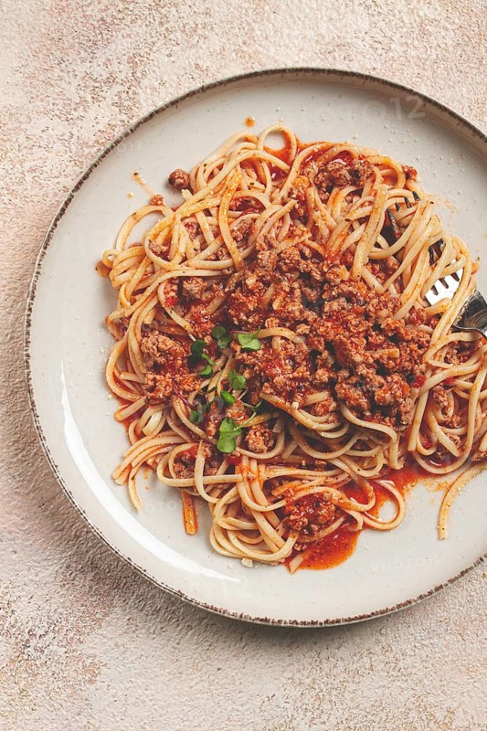 Spaghetti Bolognese, top view, close-up, without people, homemade