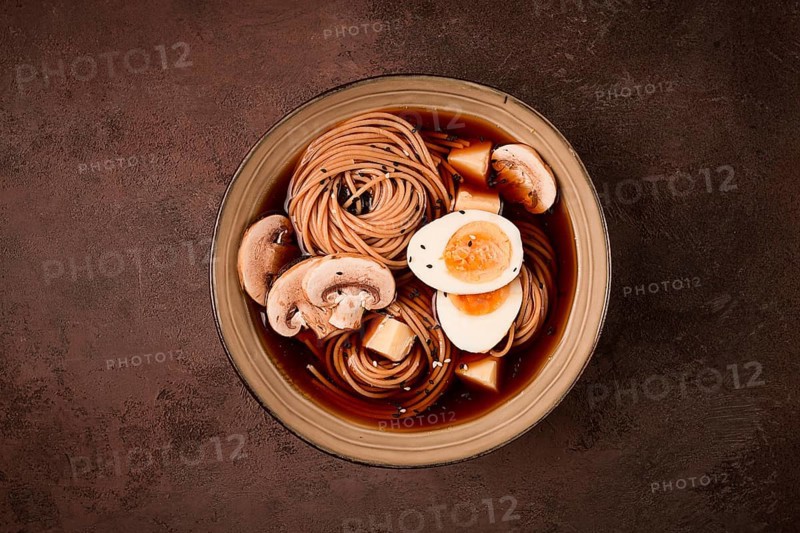Asian soba soup, with mushrooms and egg, cheese, sesame seeds, homemade, no people