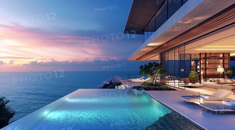 Expensive luxury private villa facing the ocean beach. Concept of expensive upscale rich lifestyle., AI generated