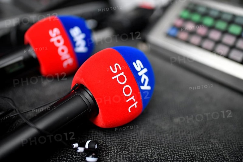 SKY Sport logo microphones Microphones lying on table Allianz Arena, Munich, Bavaria, Germany, Europe