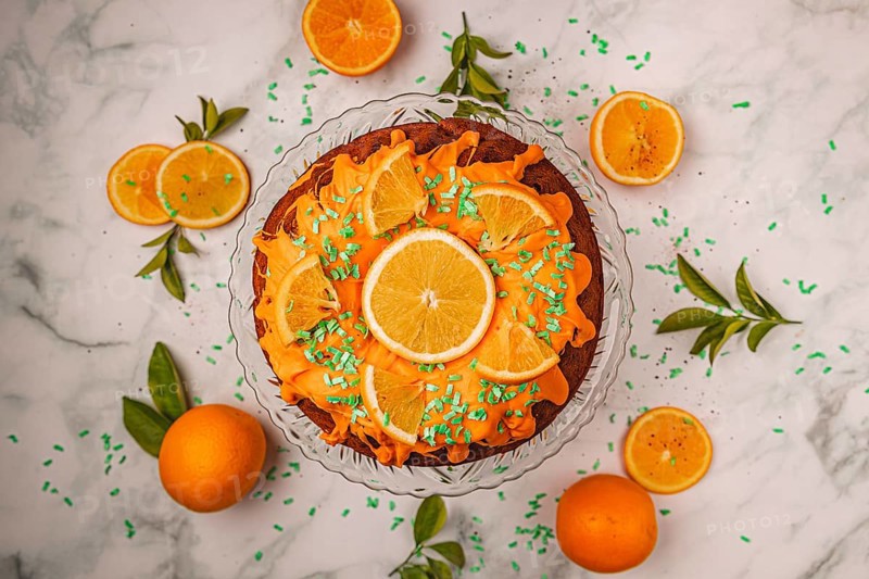 Orange cake, oranges (Citrus sinensis), autumn atmosphere, from above