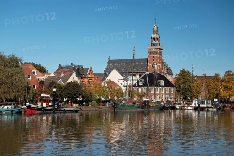 Museum harbour, town hall, Leer, East Frisia, Lower Saxony, Germany, Europe