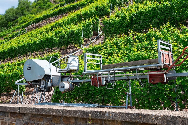 Mechanical vineyard machine in the middle of green vineyard slopes, monorack railway for overcoming extreme gradients in rough terrain, monorail rack railway, Calmont region, Moselle, Rhineland-Palatinate, Germany, Europe