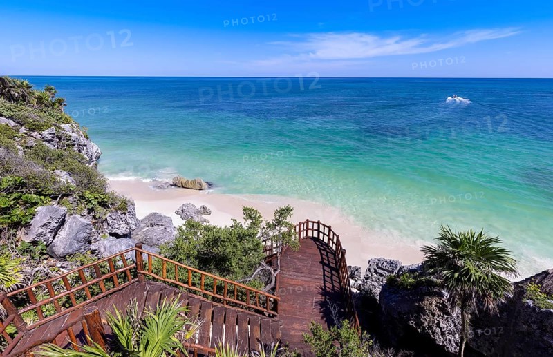 Tulum Archaeological Zone with Mayan pyramids and ruins located on the scenic ocean shore of Quintana Roo province