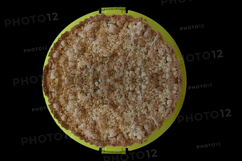 Streusel cake on a black background, Lower Saxony, Germany, Europe