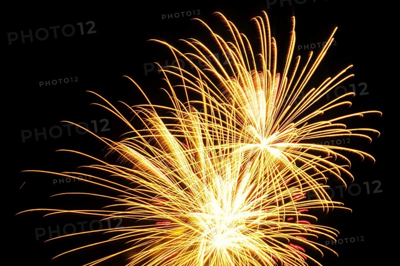 New Year's Eve fireworks, vivid fireworks in the night sky with golden, yellow stripes of light and sparks, many fireworks, rockets, New Year's Eve rockets in the dark, sparkling trails of light on a dark sky, stars, star-shaped, shining lights, pyrotechnics, GermanyLuminous, yellow fireworks in front of a dark night sky, Germany, Europe