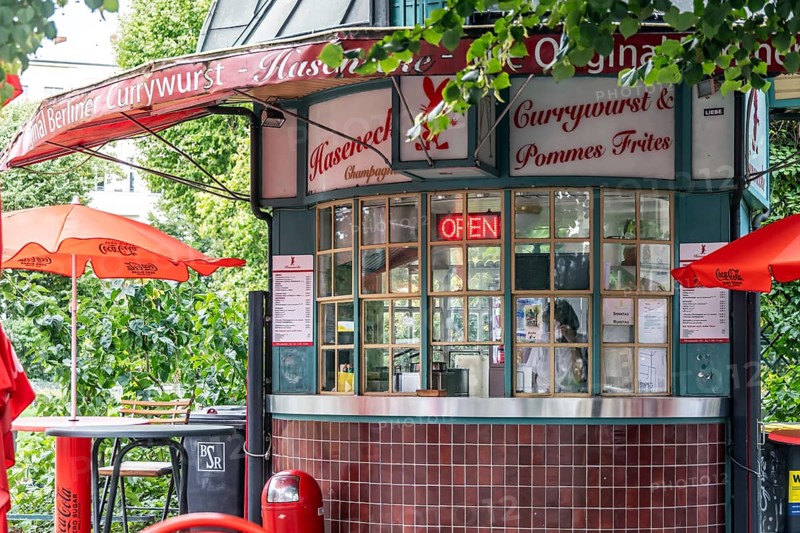 Currywurst and other sausages, traditional snack bar Hasenecke. Berlin, Germany, Europe