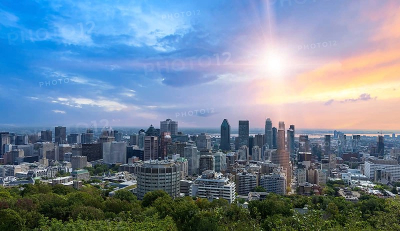 Panoramic Belvedere Mount Royal, Chalet Mont Royal, a scenic lookout of Montreal downtown skyline.