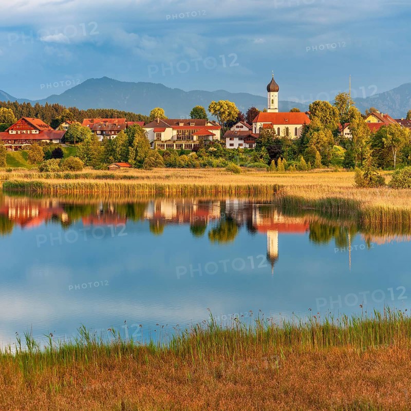 View over the Sengsee lake to Iffeldorf with St. Vitus church in autumn, Osterseen, Fünfseenland, Upper Bavaria, Bavaria, Germany, Europe
