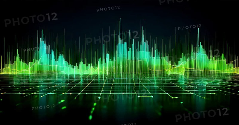 Glowing digital wave forms fluctuating in sync with a pulsating grid background, representing the heartbeat of artificial intelligence, AI generated