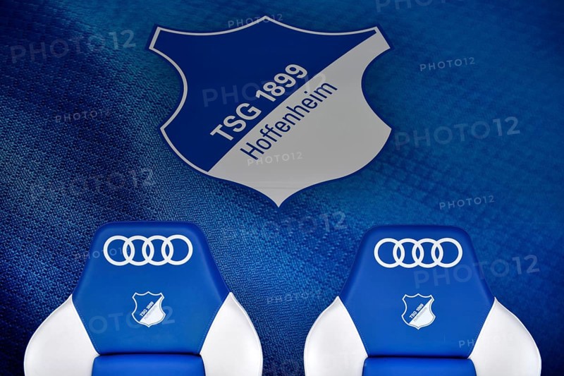 Substitute bench, TSG 1899 Hoffenheim, Logo, Audi, PreZero Arena, Sinsheim, Baden-Württemberg, Germany, Europe