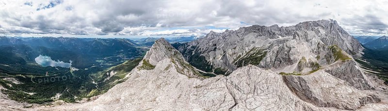 Aerial view, Waxenstein, Eibsee lake and Wetterstein Mountains, Garmisch-Patenkirchen, Bavaria, Germany, Europe