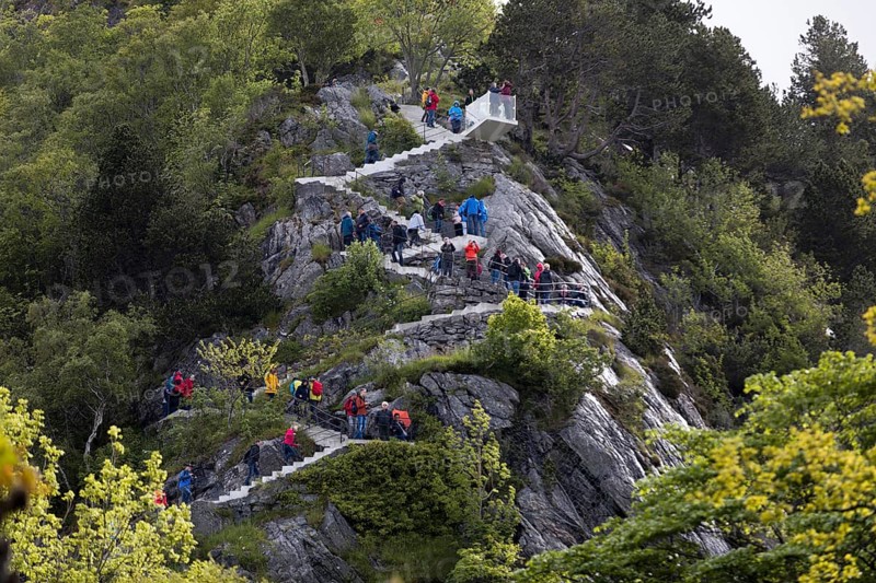 View of the hiking trail to the viewpoint Fjellstua on Aksla from Ålesund, Norway, Scandinavia, Europe