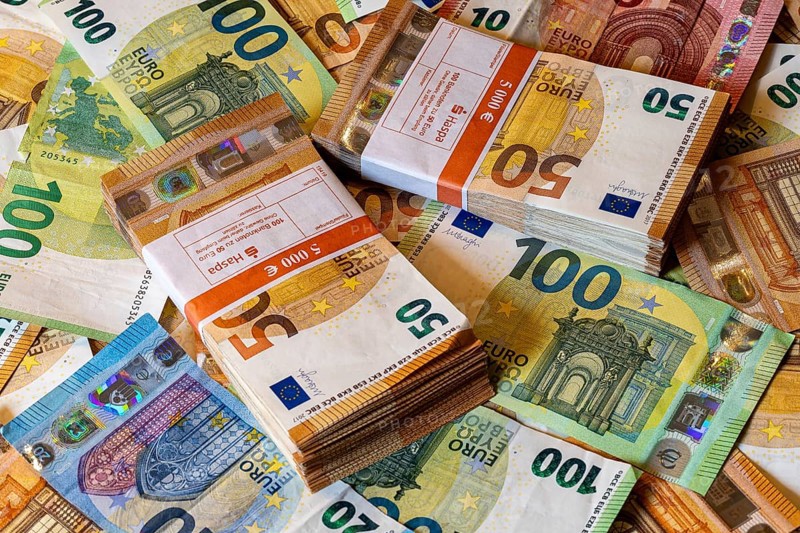 Banknotes, euros, piles and bundles