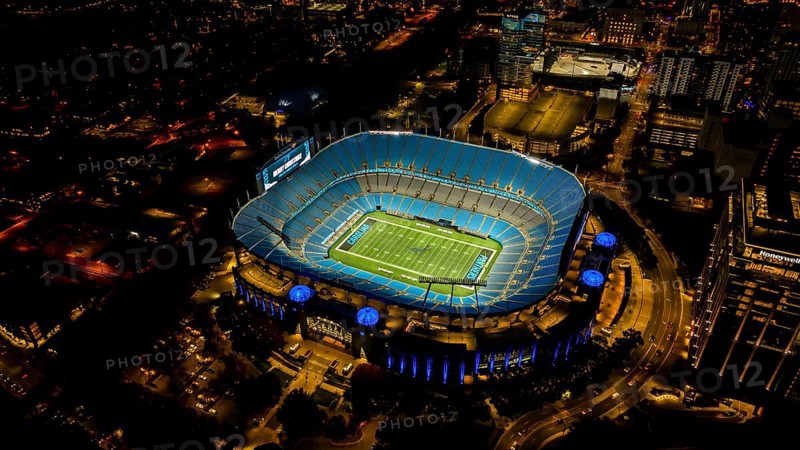 Night aerial view of the Bank of America Stadium, home of the National Football League Carolina Panthers and MLS Charlotte FC football club