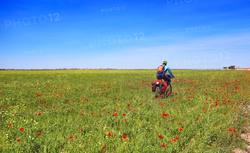 Biker by Camino de Santiago in bicycle at Saint James Way of Levante of Spain