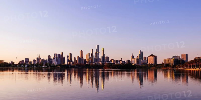 The iconic Albert Park lake and skyline views at sunset in Melbourne, Victoria, Australia, Oceania