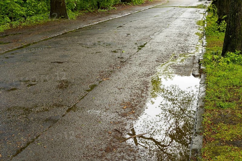 Poor asphalt road with potholes after the rain